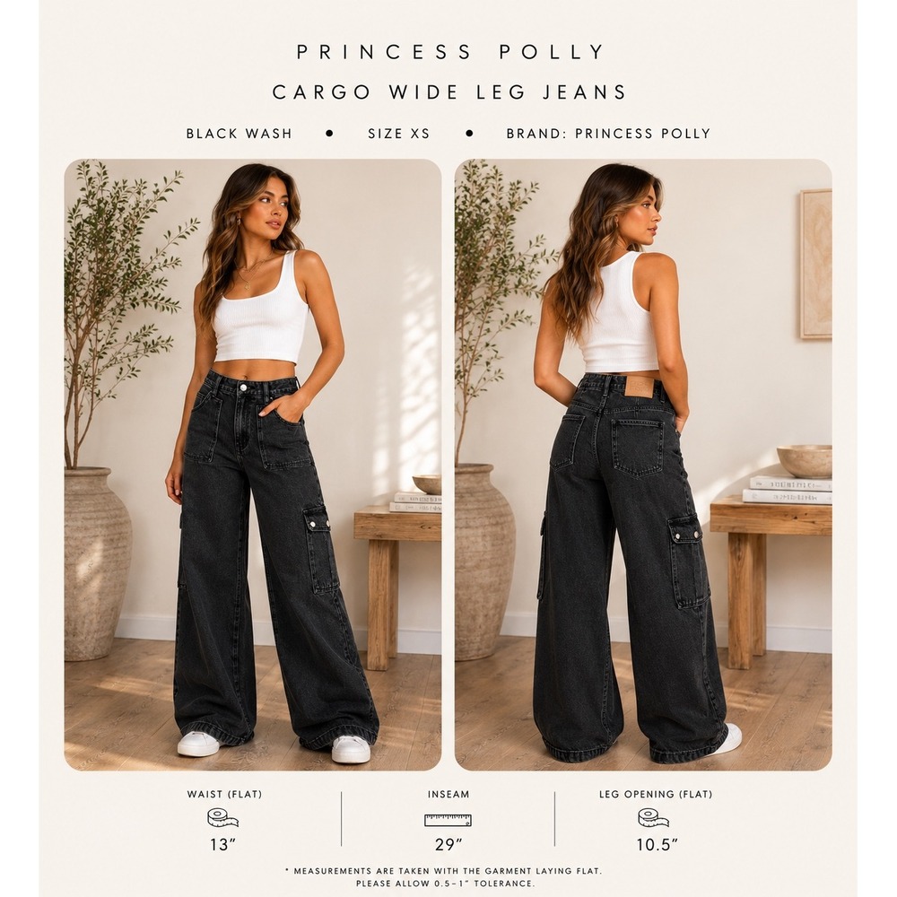 Princess Polly Black Cargo Jeans Wide Leg High Waisted Denim Pants Size US 4